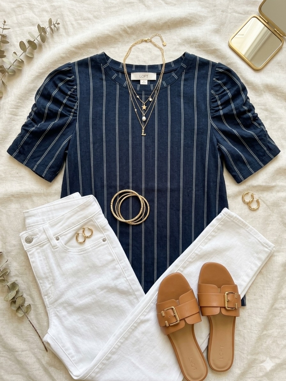 LOFT Navy Vertical-Stripe Puff Sleeve Top Size XL